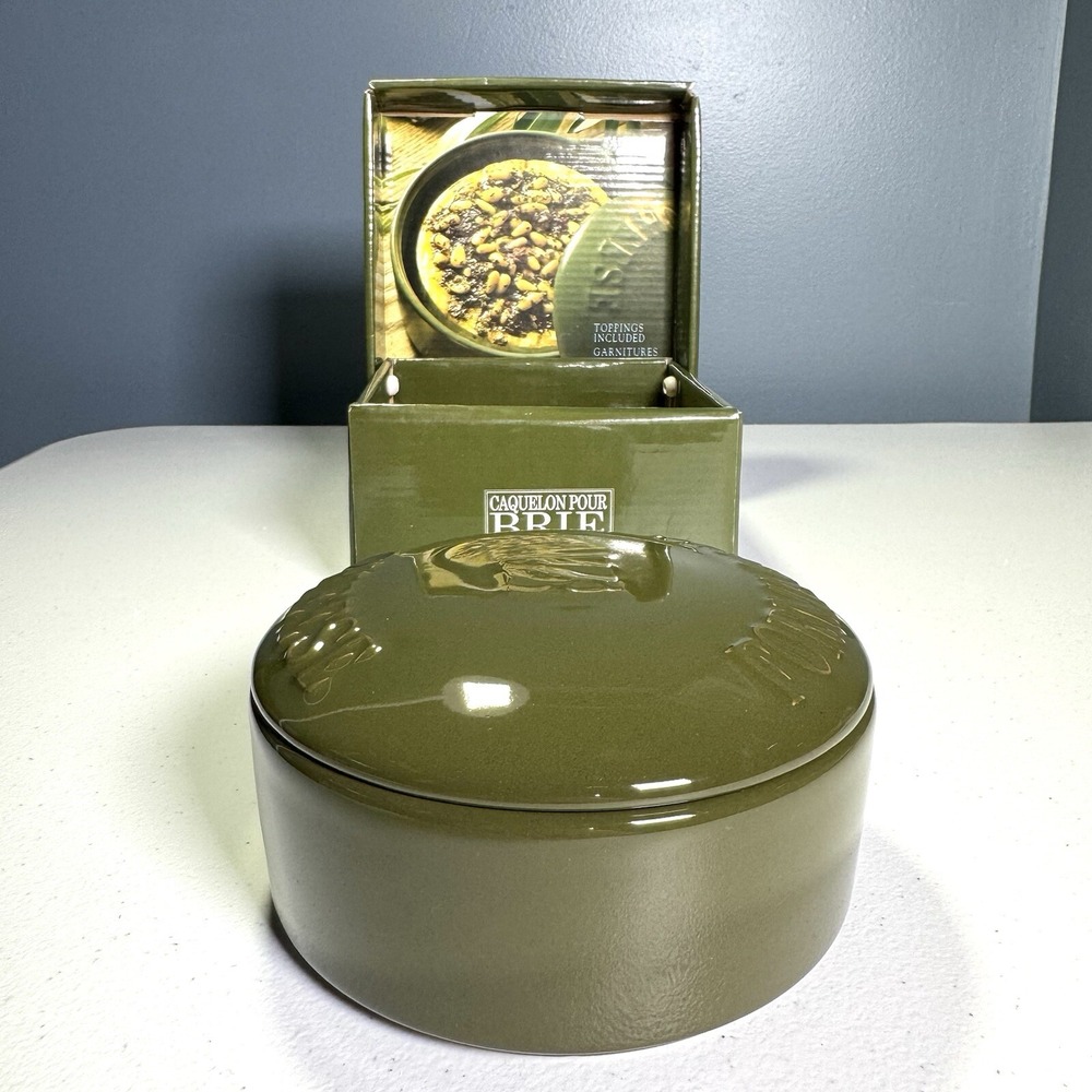 Gourmet du Village, Cheese Fromage GREEN Ceramic Brie Baker Cheese Dish With Lid
